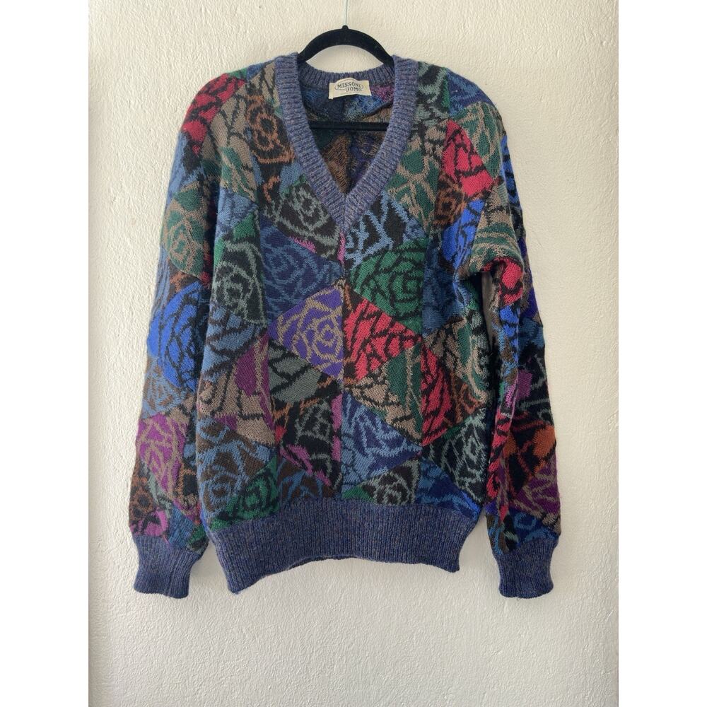 Vintage Missoni Uomo Sweater Multicolor Abstract Wool V- Neck Rare Made IN Italy
